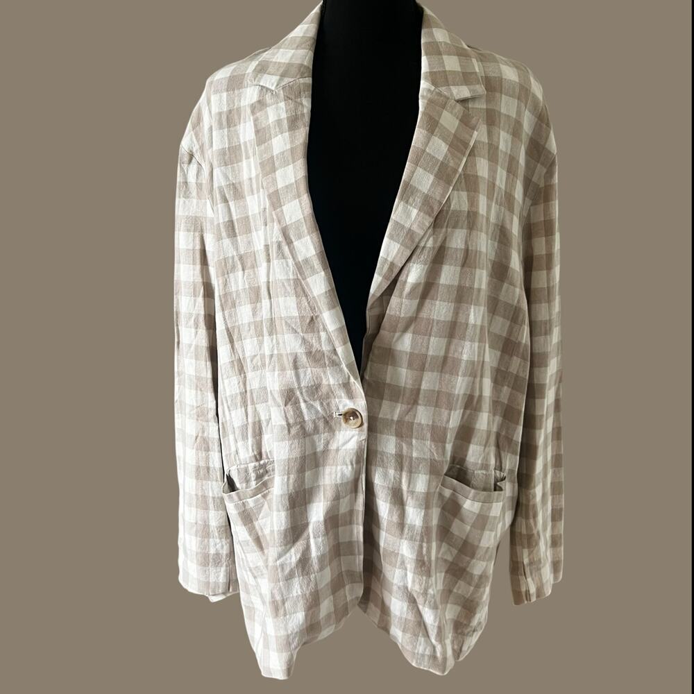 A New Day Women's Linen Blend Gingham Blazer Tan White Size XXL